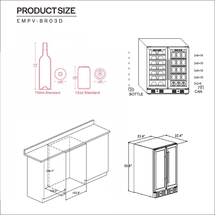 Empava 24-inch Dual Zone Wine and Beer Fridge Beverage Cooler in Stainless Steel