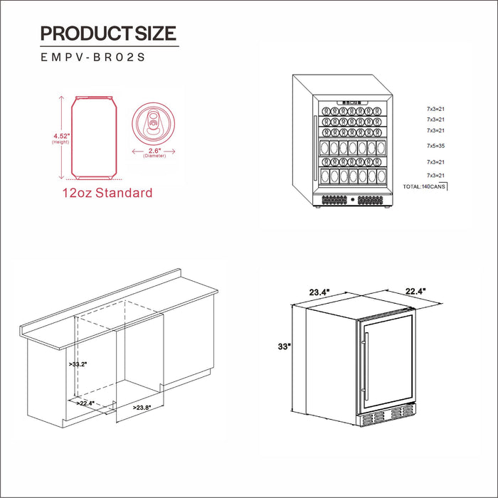 Empava 24-inch Freestanding and Under-Counter Beverage Fridge in Stainless Steel