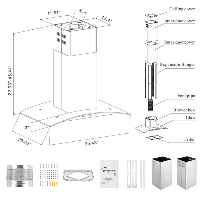 Empava 36-inch 400 CFM Kitchen Island Wall-Mount Ducted Range Hood in Stainless Steel