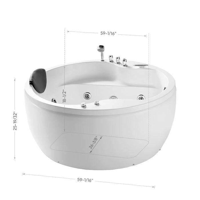 Empava 59" Freestanding Round Whirlpool Tub with Right-Side Drain in White