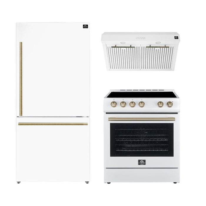 FORNO Premium 3-Piece Kitchen Bundle - Leonardo Espresso 30" White Range, 30" White Range Hood, 31" White Bottom Freezer Refrigerator