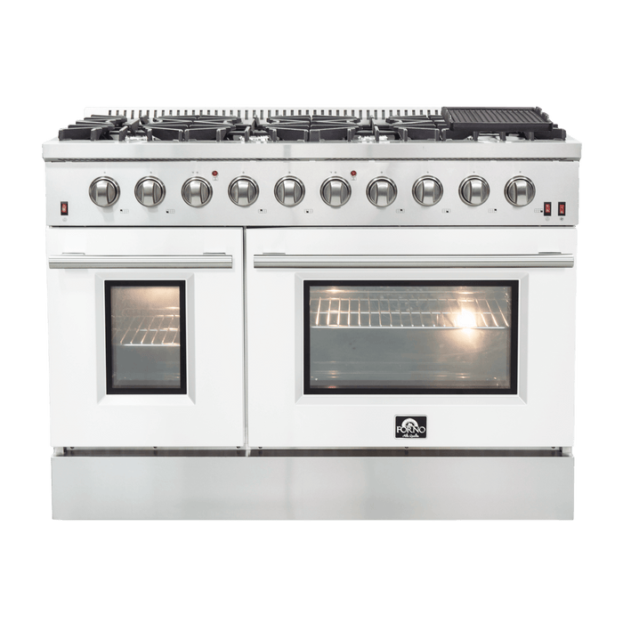 FORNO Galiano 48-inch Gas Range  8 Burners, 107,000 BTU, Griddle, 6.58 cu.ft. Double Oven with Color Options