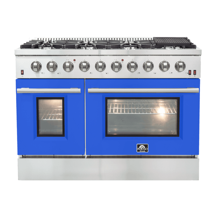 FORNO Galiano 48-inch Gas Range  8 Burners, 107,000 BTU, Griddle, 6.58 cu.ft. Double Oven with Color Options