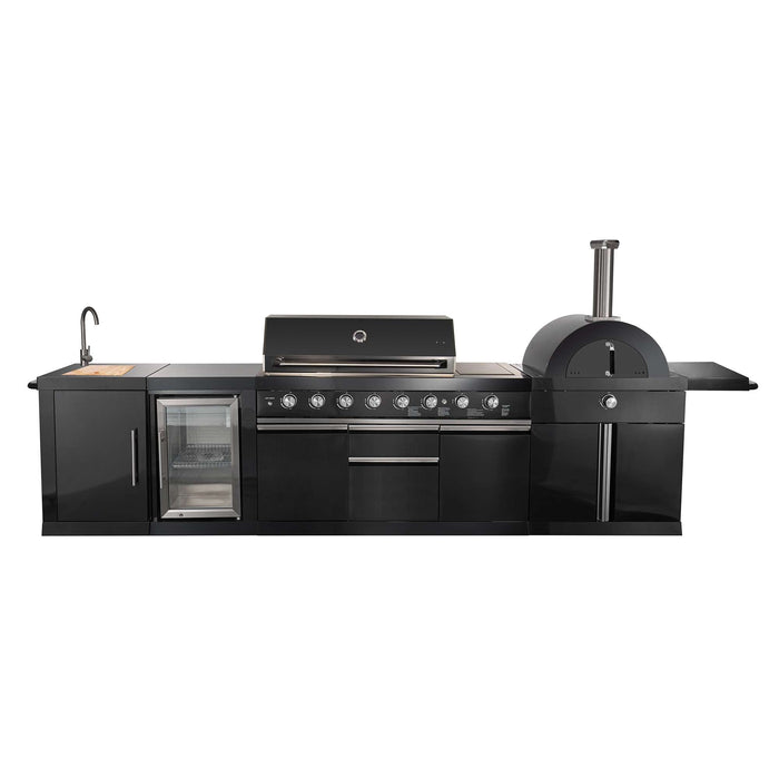 Forno All'Aperto 87,600 BTU BBQ with 4 Stainless-Steel Burners with Infrared Burners & Side Burner, Sink Module with Black Sintered Stone Countertops, Gaz Pizza Oven, Bar & Beverage Center