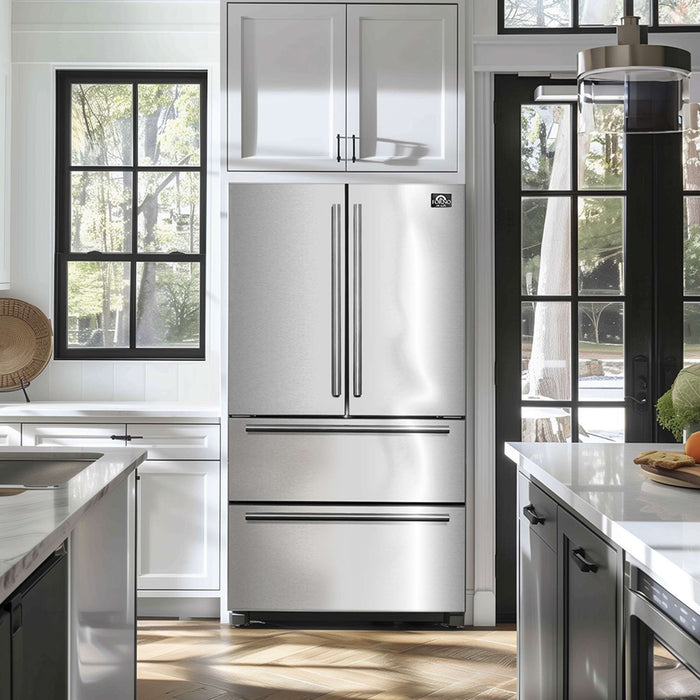 Forno Moena 36-inch Freestanding French Door Refrigerator in Stainless Steel, 19.2 Cu.ft Total Capacity, Counter Depth, Ice Maker And Touch Control