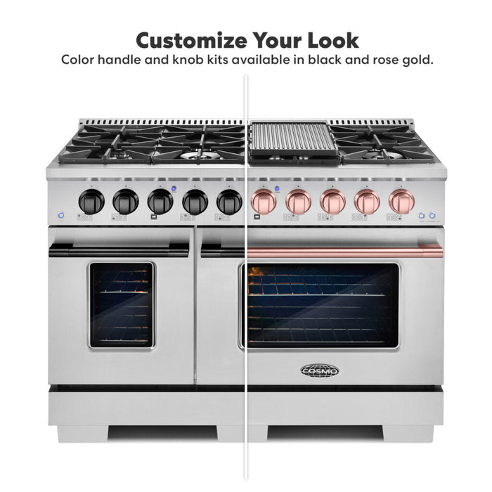 Cosmo 48" Commercial Double Oven Gas Range with 5.5 Cu. Ft. Capacity, 8 Italian Burners, and Heavy-Duty Cast Iron Grates in Stainless Steel