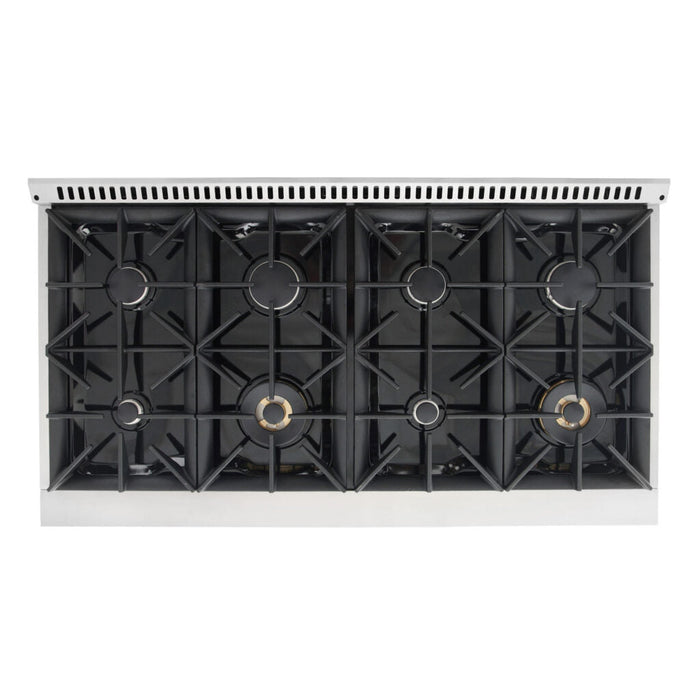 Cosmo 48" Commercial Double Oven Gas Range with 5.5 Cu. Ft. Capacity, 8 Italian Burners, and Heavy-Duty Cast Iron Grates in Stainless Steel