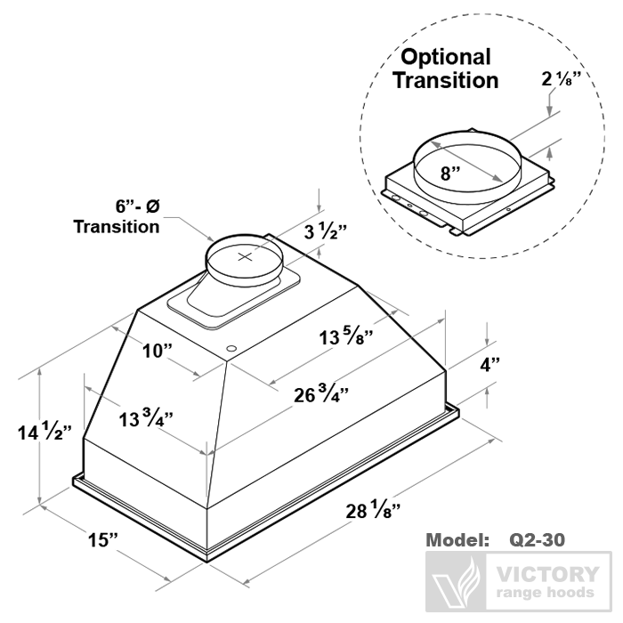 VICTORY Q2 30 inch Range Hood Insert 700 CFM in Stainless Steel