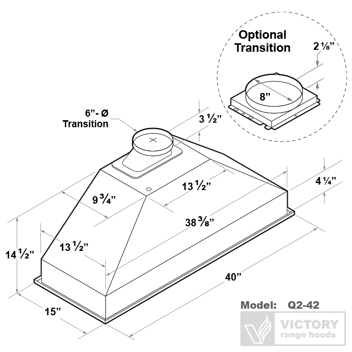 Victory Q2 42-Inch 700 CFM Range Hood Insert in Stainless Steel