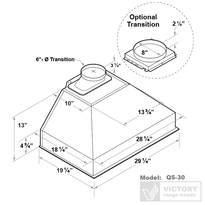 Victory Q5 30 inch 750 CFM Range Hood Insert in Stainless Steel