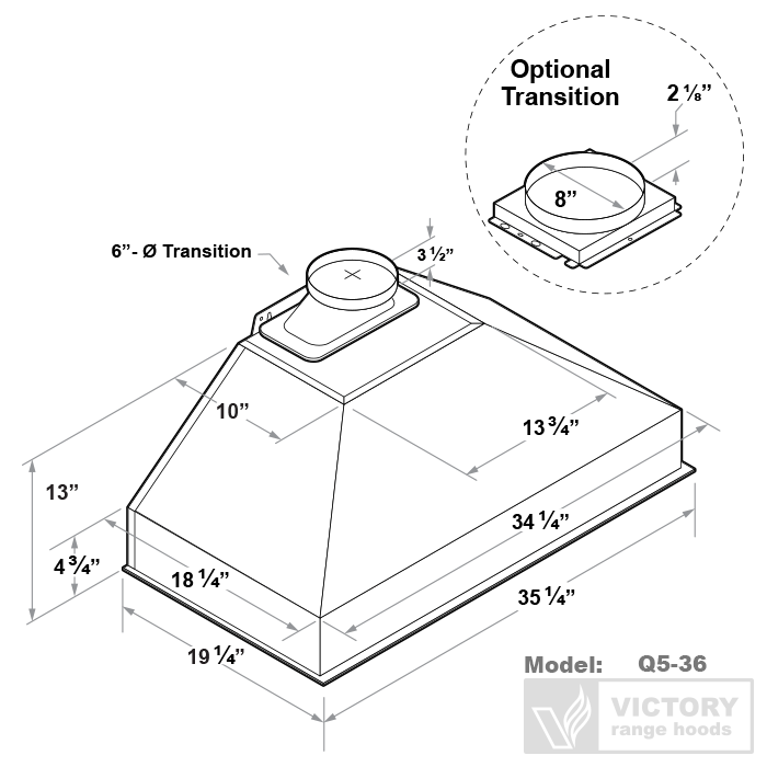 Victory Q5 36 Inch 600/750 CFM Range Hood Insert