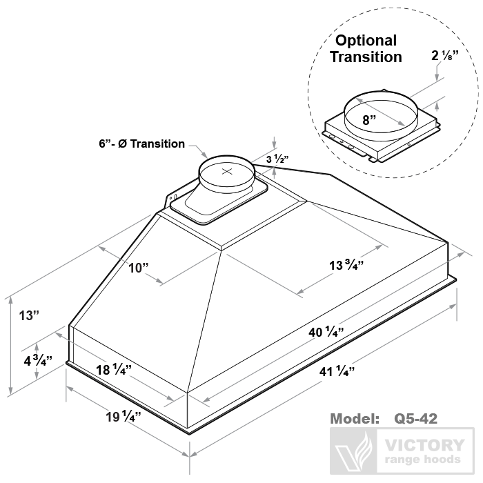 Victory Q5 42 Inch 600/750 CFM Range Hood Insert