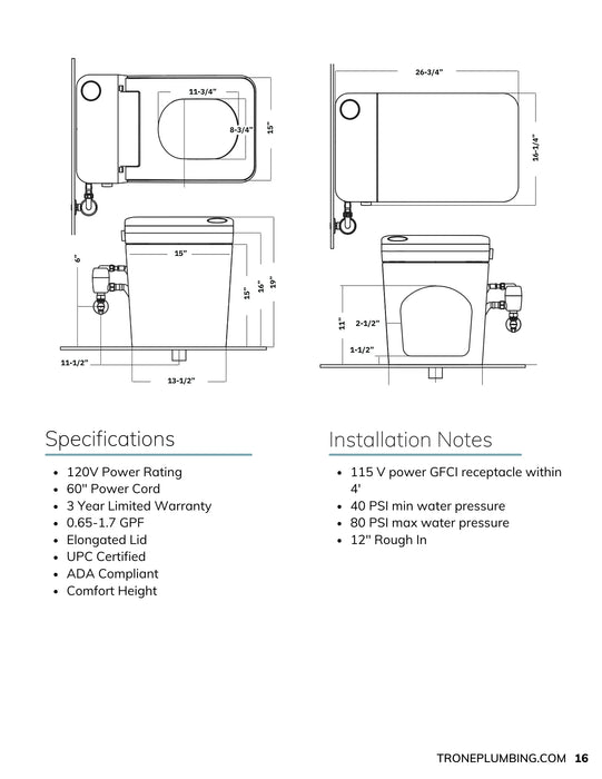 Trone STCH Smart Bidet Toilet with ToeTouch, Auto Open, White