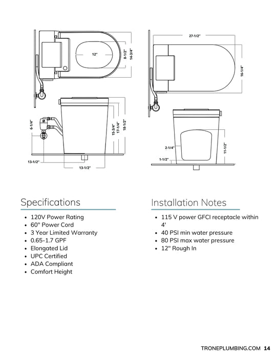 Trone STCM1 Smart Bidet Toilet with ToeTouch, Auto Open