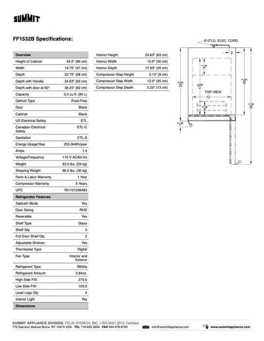 SUMMIT 15 in. Built-In Freezerless Undercounter Refrigerator