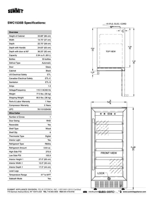 SUMMIT 15 in. Ultra-Slim Built-In Wine Cellar