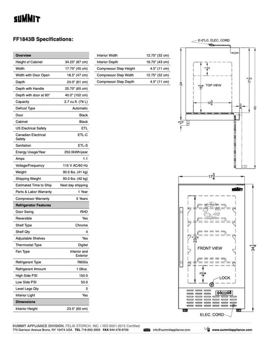 SUMMIT 18 in. Built-In Freezerless Refrigerator