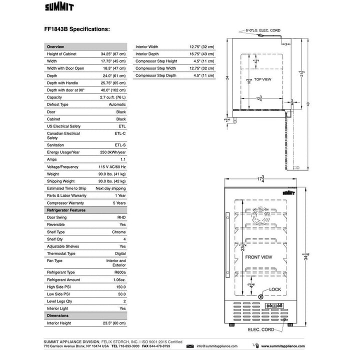 SUMMIT 18 in. Built-In Freezerless Refrigerator