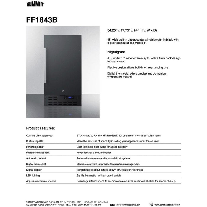 SUMMIT 18 in. Built-In Freezerless Refrigerator