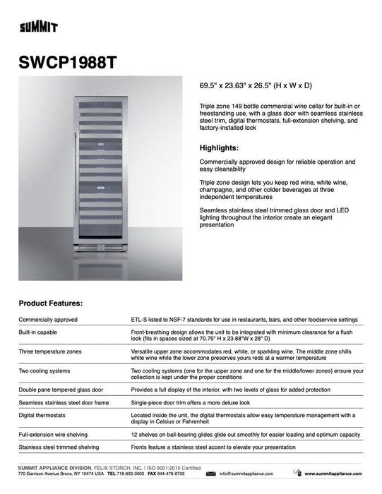 SUMMIT 24 in. 149-Bottle Triple Zone Wine Cellar