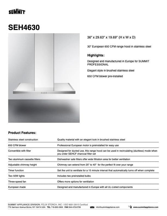 SUMMIT 30 in. Wall-Mounted Range Hood