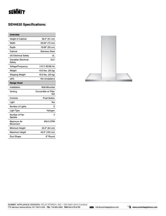 SUMMIT 30 in. Wall-Mounted Range Hood