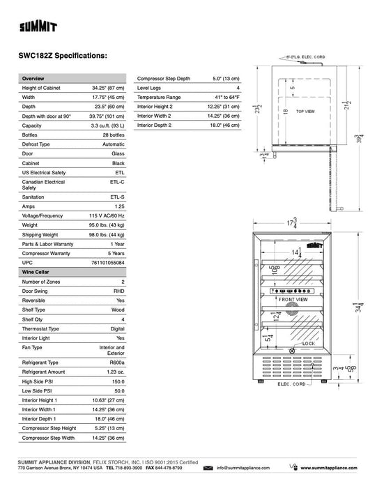 Summit 18 in. Built-In Dual Zone Wine Cellar