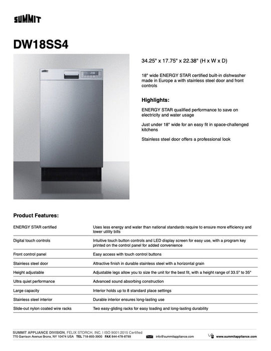 Summit 18 in. Slim Built-In Dishwasher in Stainless Steel