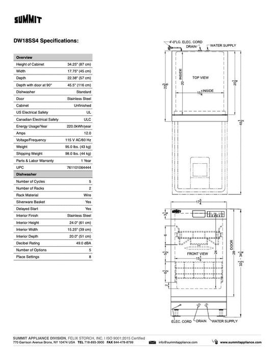 Summit 18 in. Slim Built-In Dishwasher in Stainless Steel