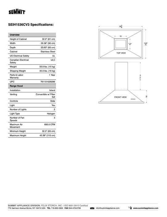 Summit 36 in. Island Mount Range Hood in Stainless Steel