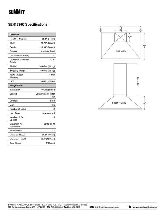 Summit Wall-Mounted Range Hood in Stainless Steel