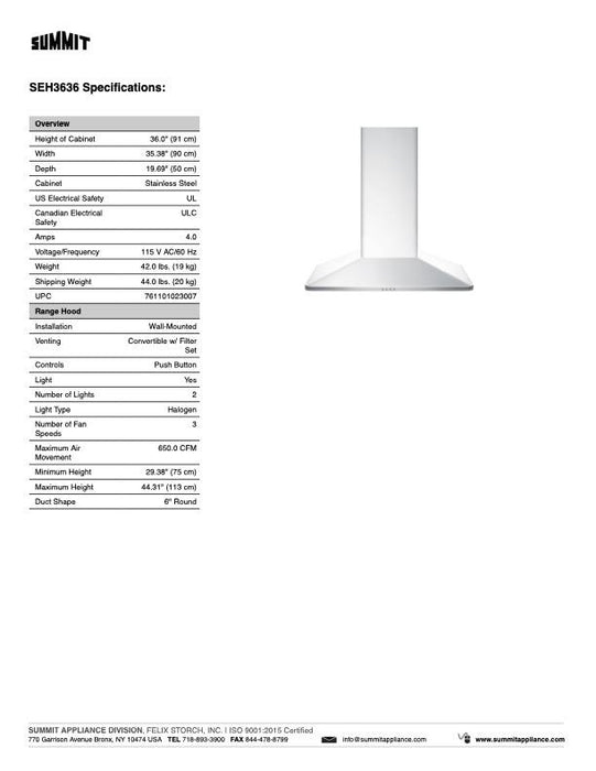 Summit Wall-Mounted Range Hood in Stainless Steel