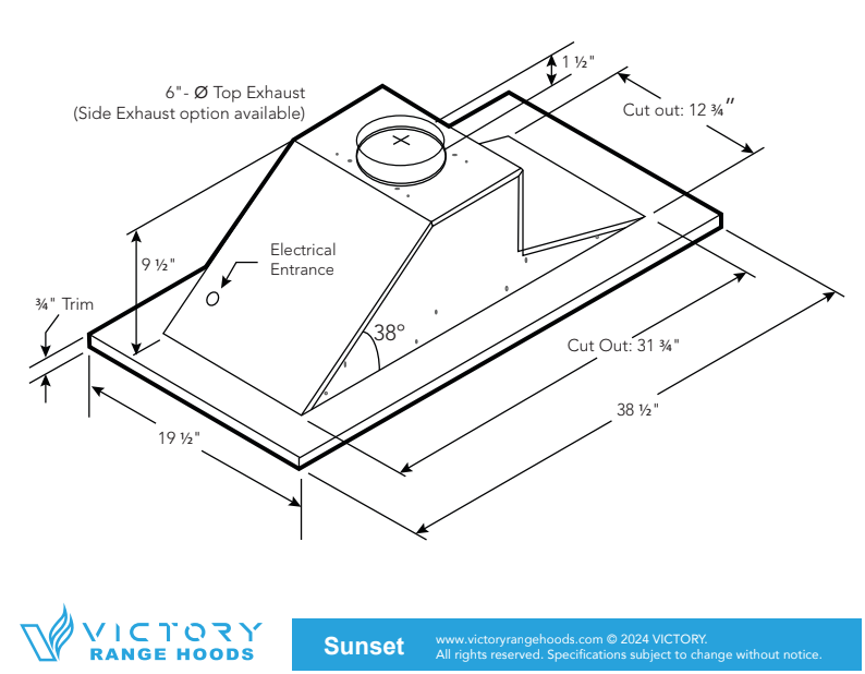 VICTORY Sunset 36 inch Flush Ceiling Mount Range Hood 600 CFM in White