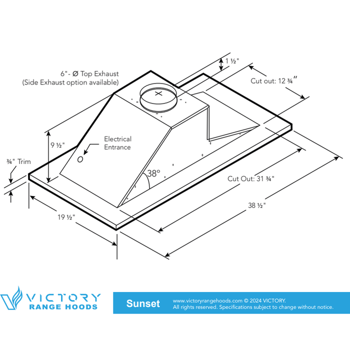 Victory Sunset Bluetooth 600 CFM Wireless Flush Ceiling Mount Range Hood with Color Options