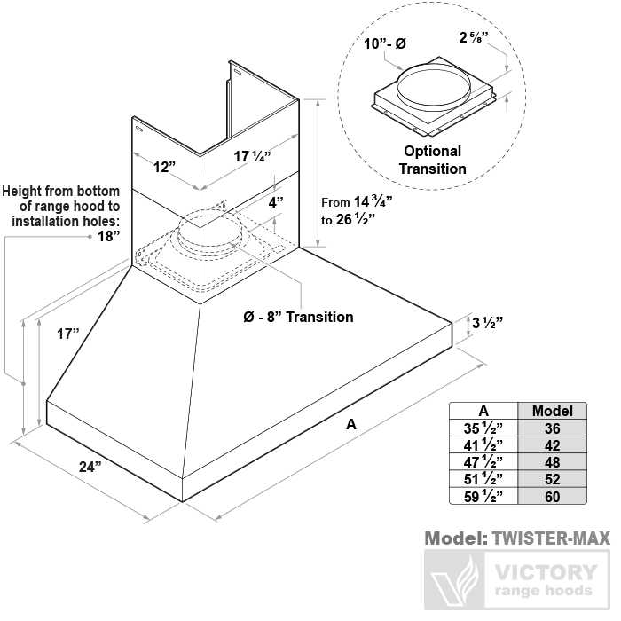 Victory TwisterMAX 42-Inch 1200 CFM Wall Mount Range Hood in Stainless Steel