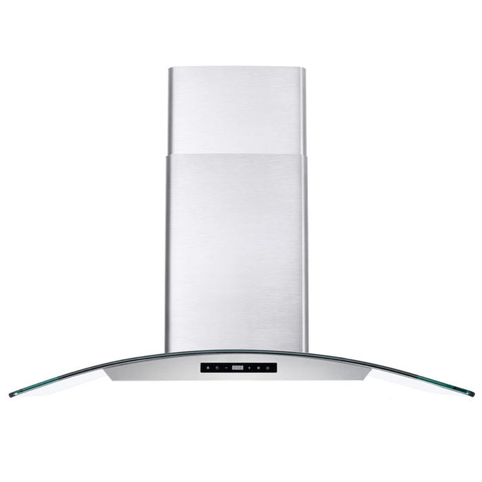 Cosmo 36" 380 CFM Convertible Wall Mount Range Hood with Glass Canopy and Digital Touch Controls.