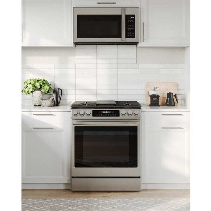 Midea 30-Inch Smart Slide-In Gas Range with 5 Sealed Burners, Wi-Fi Enabled, 6.1 Cu. Ft. Capacity, Pro Style, True Convection, Stainless Steel