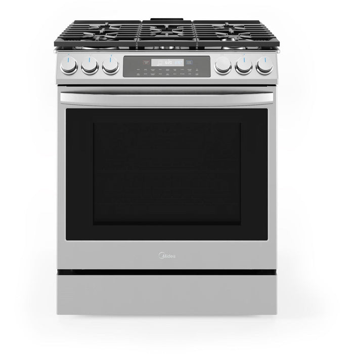 Midea 30-Inch Smart Slide-In Gas Range with 5 Sealed Burners, Wi-Fi Enabled, 6.1 Cu. Ft. Capacity, Standard Convection, Stainless Steel