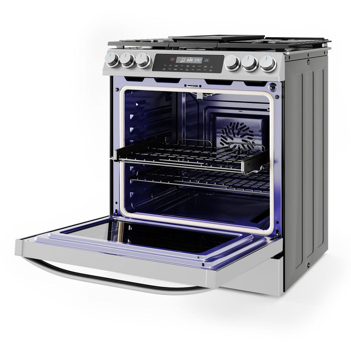 Midea 30-Inch Smart Slide-In Gas Range with 5 Sealed Burners, Wi-Fi Enabled, 6.1 Cu. Ft. Capacity, Pro Style, True Convection, Stainless Steel