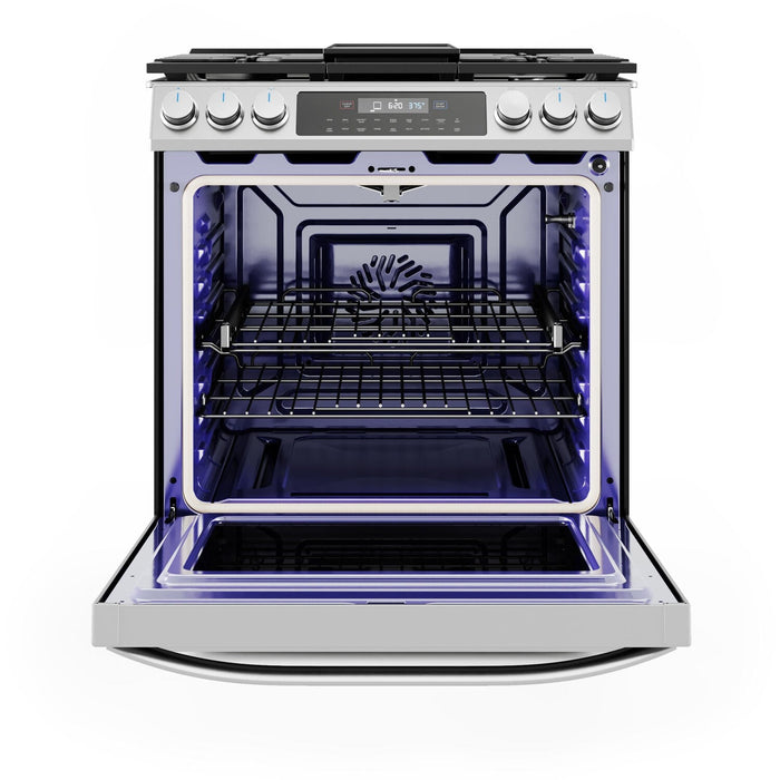 Midea 30-Inch Smart Slide-In Gas Range with 5 Sealed Burners, Wi-Fi Enabled, 6.1 Cu. Ft. Capacity, Pro Style, True Convection, Stainless Steel