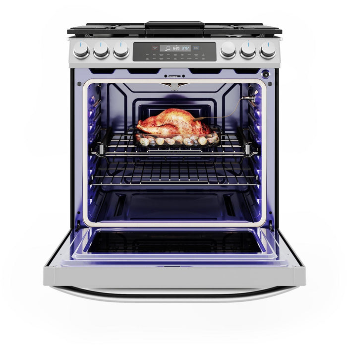 Midea 30-Inch Smart Slide-In Gas Range with 5 Sealed Burners, Wi-Fi Enabled, 6.1 Cu. Ft. Capacity, Pro Style, True Convection, Stainless Steel