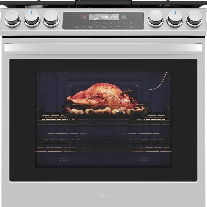 Midea 30-Inch Smart Slide-In Gas Range with 5 Sealed Burners, Wi-Fi Enabled, 6.1 Cu. Ft. Capacity, Pro Style, True Convection, Stainless Steel