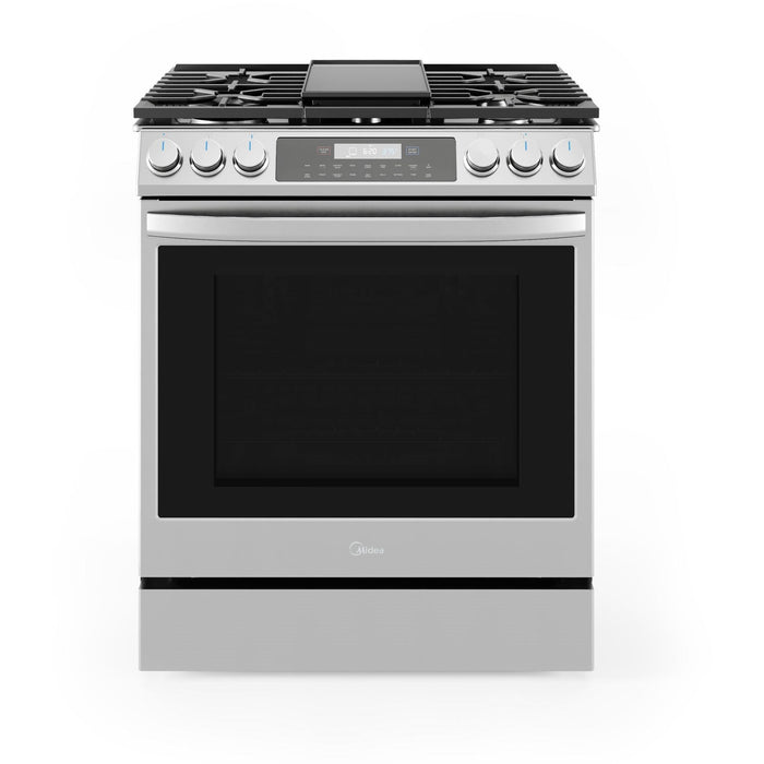 Midea 30-Inch Smart Slide-In Gas Range with 5 Sealed Burners, Wi-Fi Enabled, 6.1 Cu. Ft. Capacity, Pro Style, True Convection, Stainless Steel